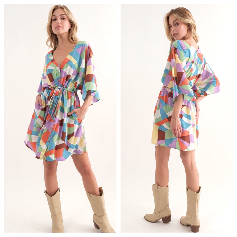 32 V-Neck Multicolor Print  Dress